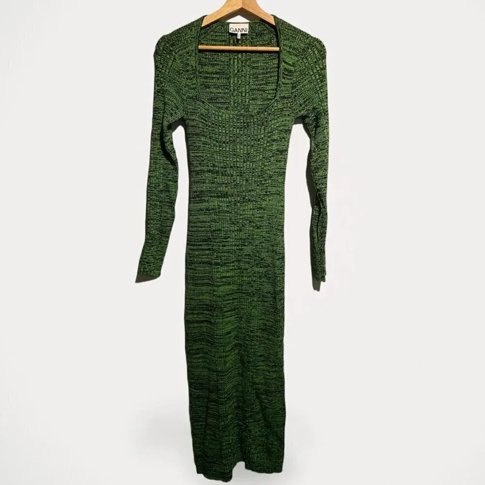 Ganni Melange Dress Midi Green Knit Long Sleeve Bodycon XS